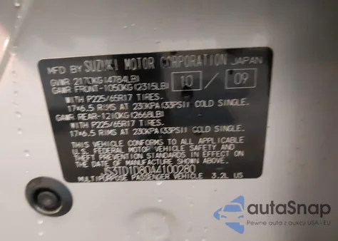 2010 Suzuki Grand Vitara Xsport V6 z USA, uszkodzony, nr VIN JS3TD1D80A4100280